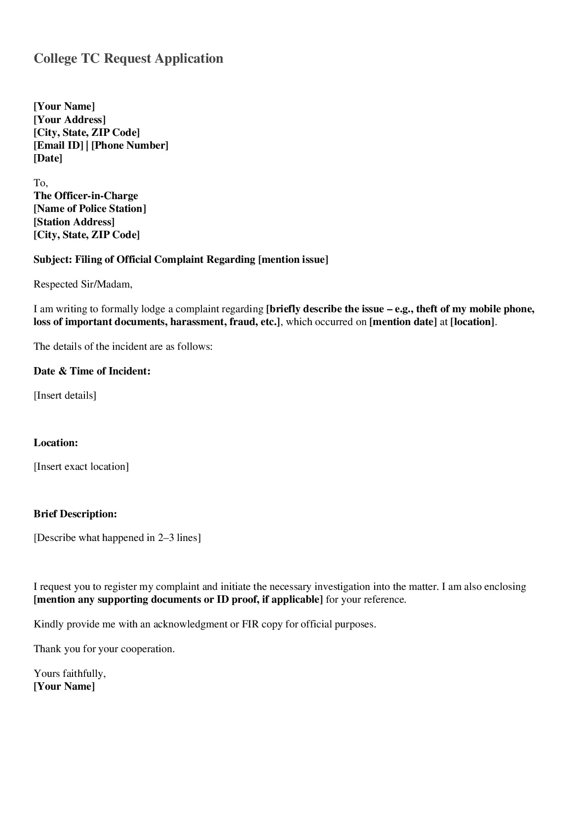 College TC Request Application