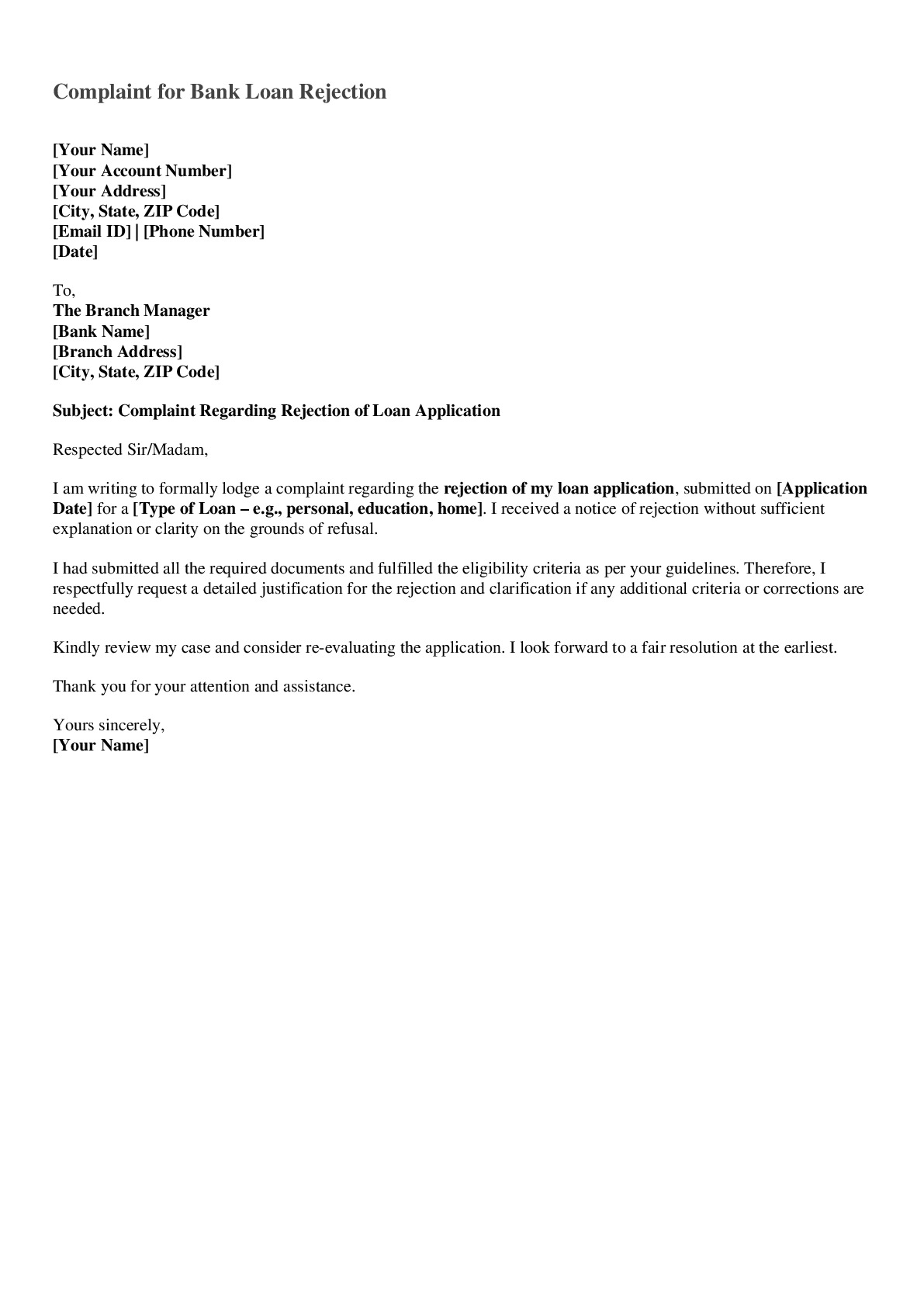 Complaint for Bank Loan Rejection