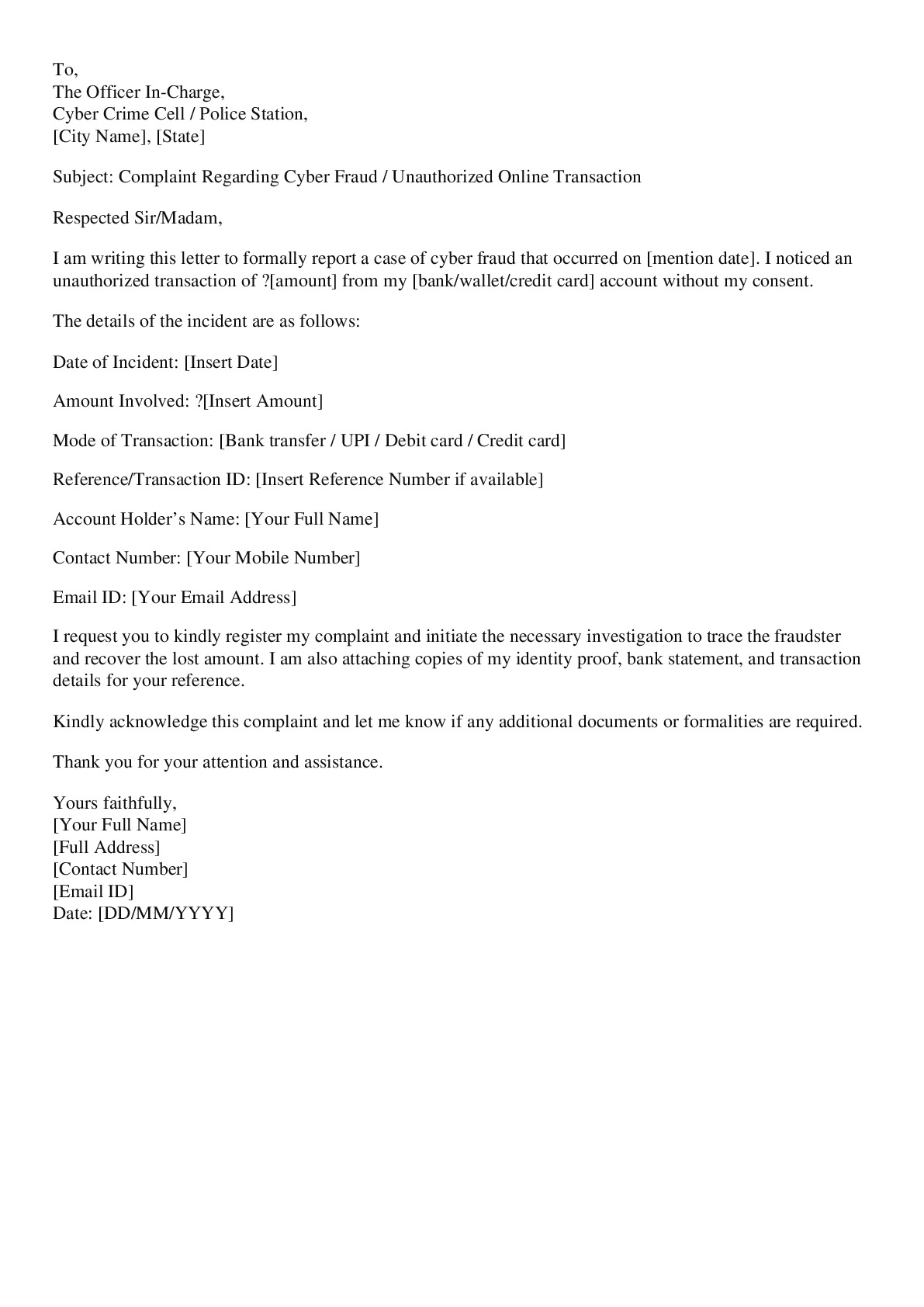 Cyber Fraud Complaint Letter Format