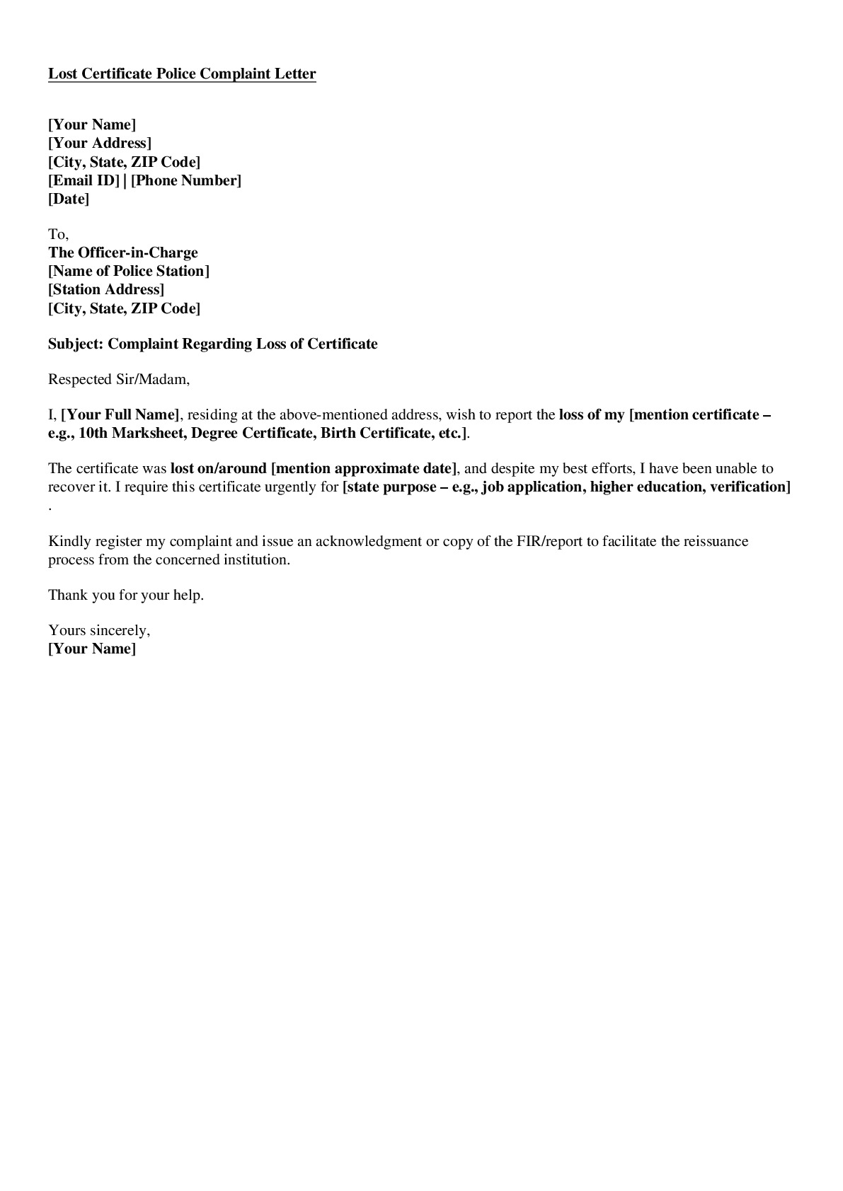 Lost Certificate Police Complaint Letter