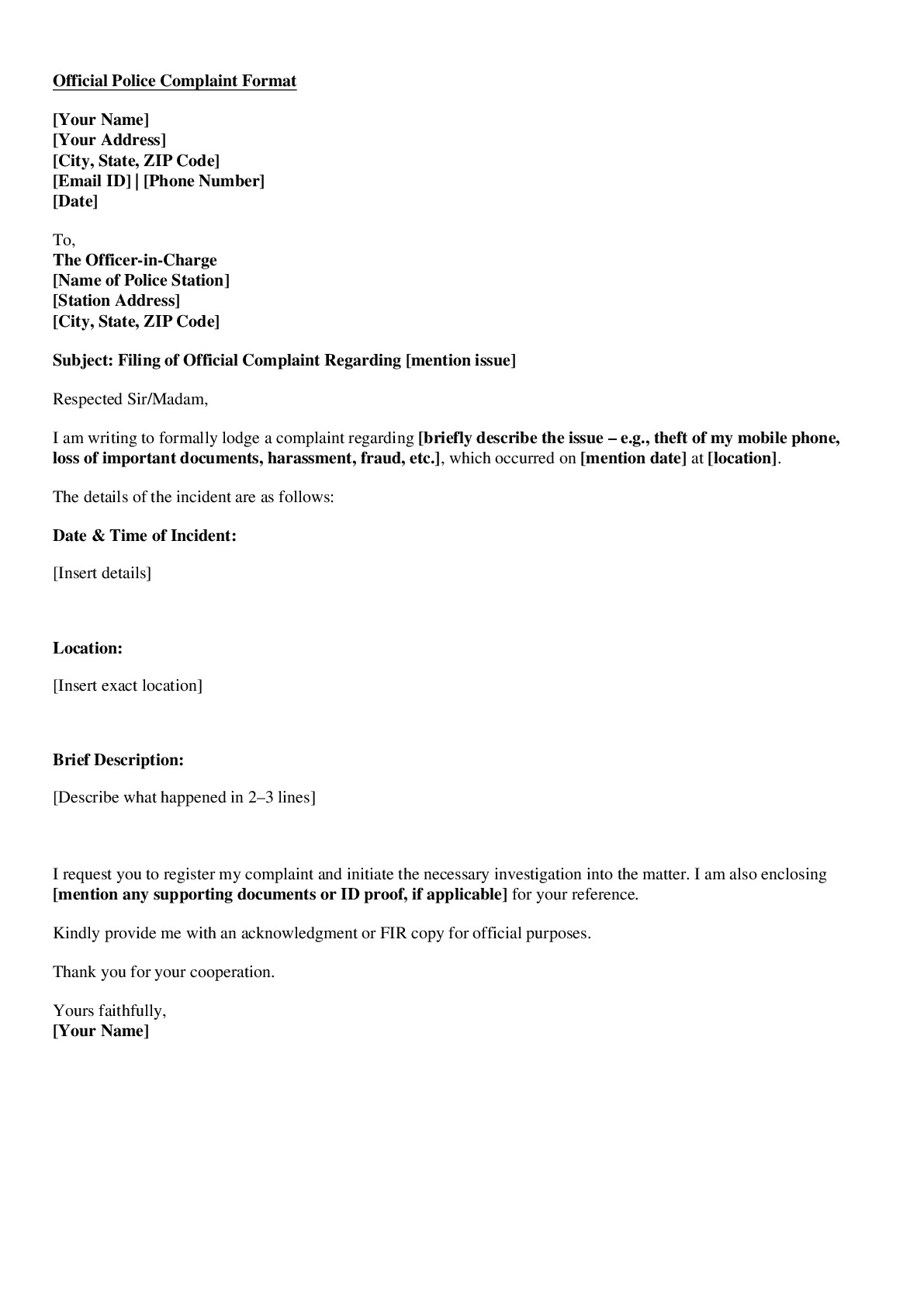 Official Police Complaint Format