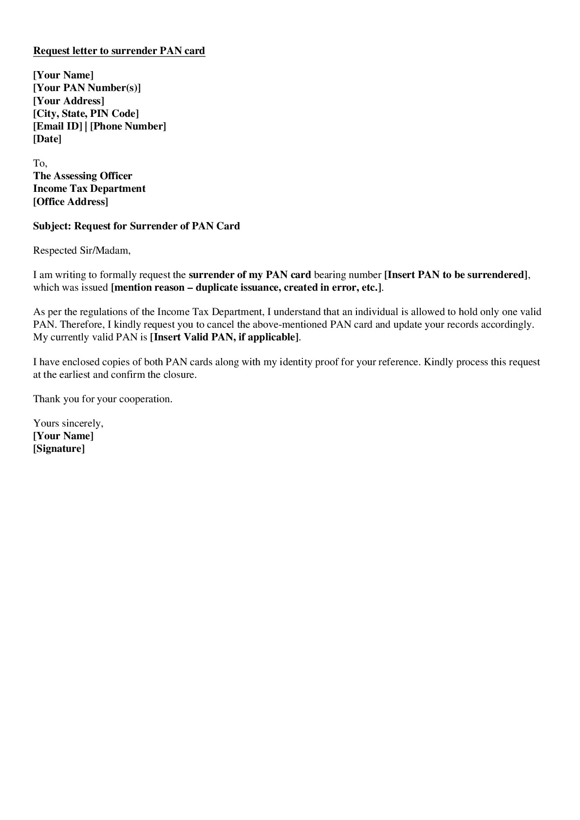 Request Letter to Surrender PAN Card